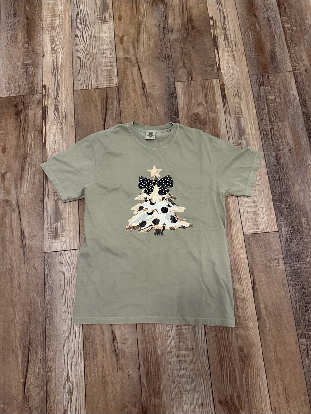 Comfort Colors Sage Green Short-Sleeve Tee with Holiday Tree Graphic